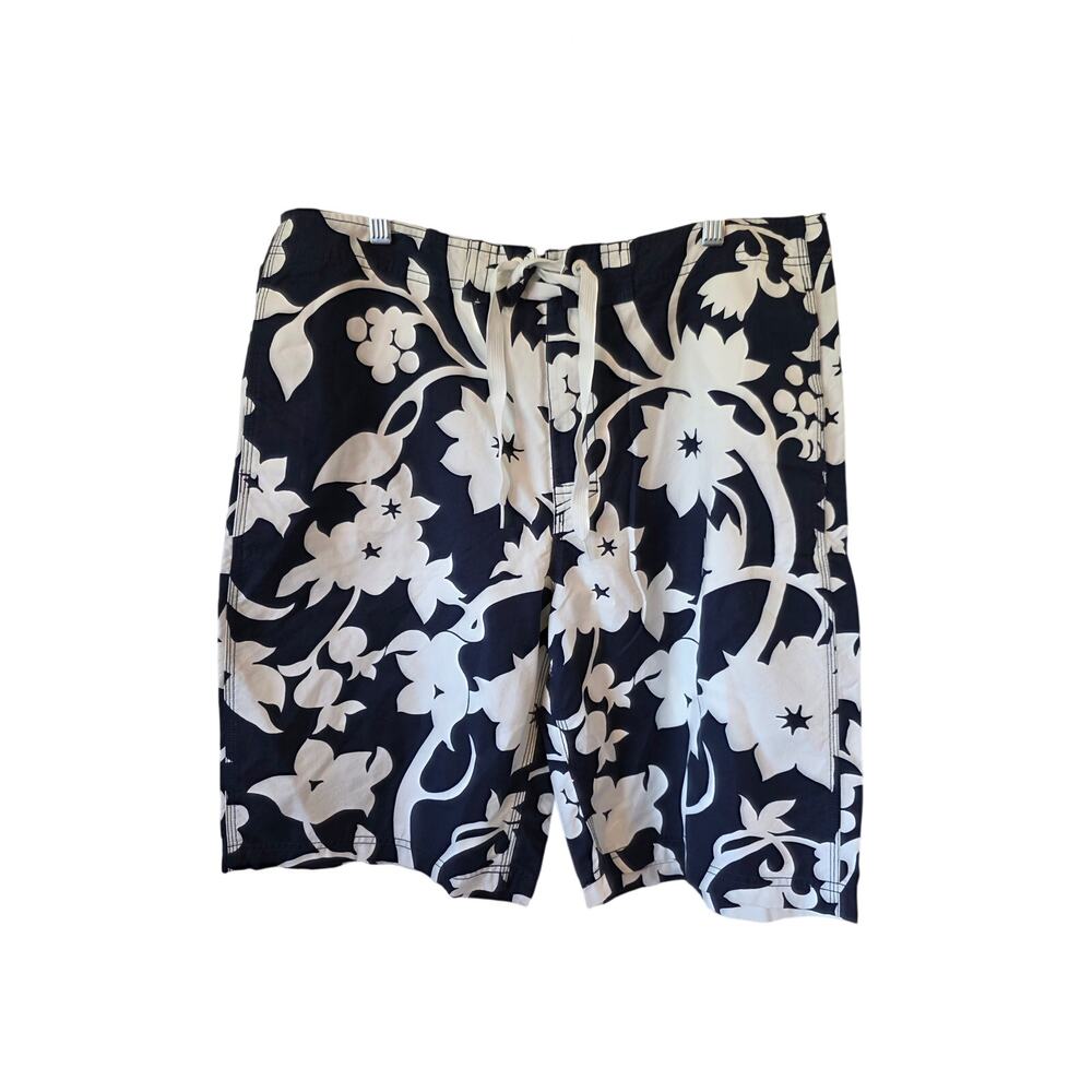 Reyn Spooner Mens Hawaiian Tropical Print Board Shorts Size 36 Navy Blue White